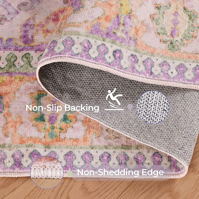 Kokia 5x7 Area Rugs for Living Room, Machine Washable Low Pile Rug, Non Slip Backing Boho Rugs for Bedroom, Printed Soft Vintage Carpet Lilac Lavender Purple 5 x 7