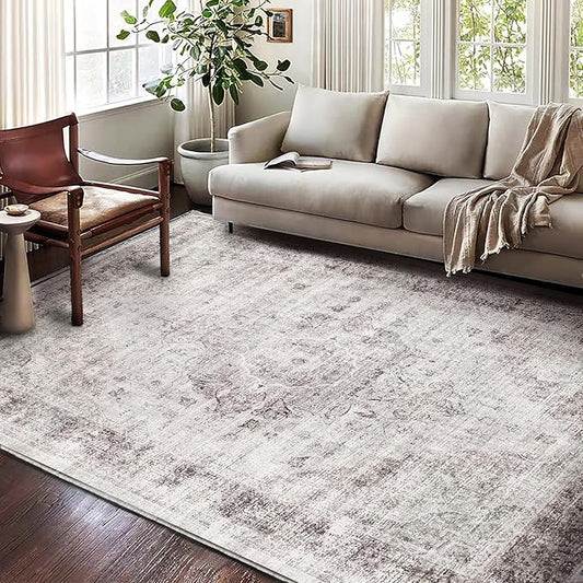 CHAMPLANT Washable Area Rug 8'x10' Floral red Boho Design Non-Shedding Non-Slip Easy Care Ideal for High Traffic Areas in Living Room Bedroom Office Coffee Table Kitchen Large Carpet