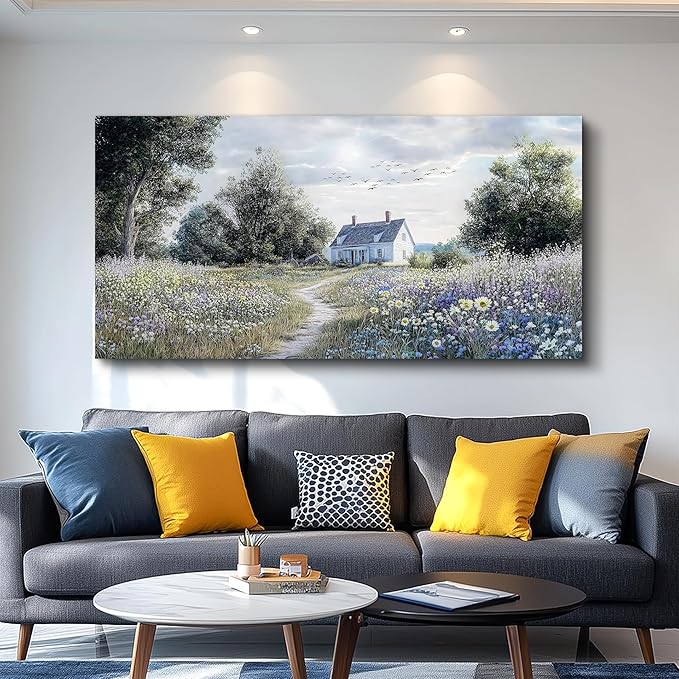 KELIYUAN Canvas Wall Art For Living Room Bedroom Wall Decor For Office Farmhouse Mural Retro Pastoral Flower Sea Landscape Painting Room Hallway Prints Artwork Picture Wall Decoration 20x40 Inches