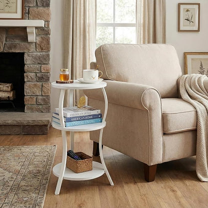 YEAKOO Vintage Small Round Side Table, 3-Tier Slim Waist Circular End Table with Storage Shelf, Compact Tea Sofa Table, Round Corner Coffee Table Nightstand for Living Room Bedroom Small Spaces,White