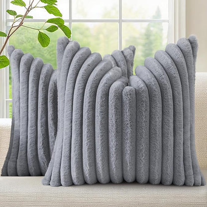 decorUhome Cozy Faux Fur Throw Pillow Covers 18x18 Set of 2 Decorative Soft Plush Striped Modern Farmhouse Boho Couch Pillow Cases with Velvet Back for Sofa Bed Living Room, Grey
