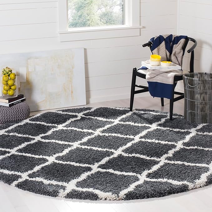 SAFAVIEH Hudson Shag Collection 7' Round Dark Grey/Ivory SGH283G Moroccan Trellis Non-Shedding Living Room Bedroom Dining Room Entryway Plush 2-inch Thick Area Rug