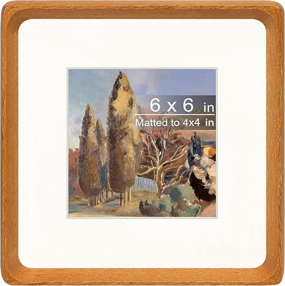 Square 6x6 Picture Frame with Mat for 4x4, Natural Teak Wood Handcrafted Rounded Corner with Real Glass, Vertical or Horizontal Display Photo Gallery Wall & Tabletop Frame
