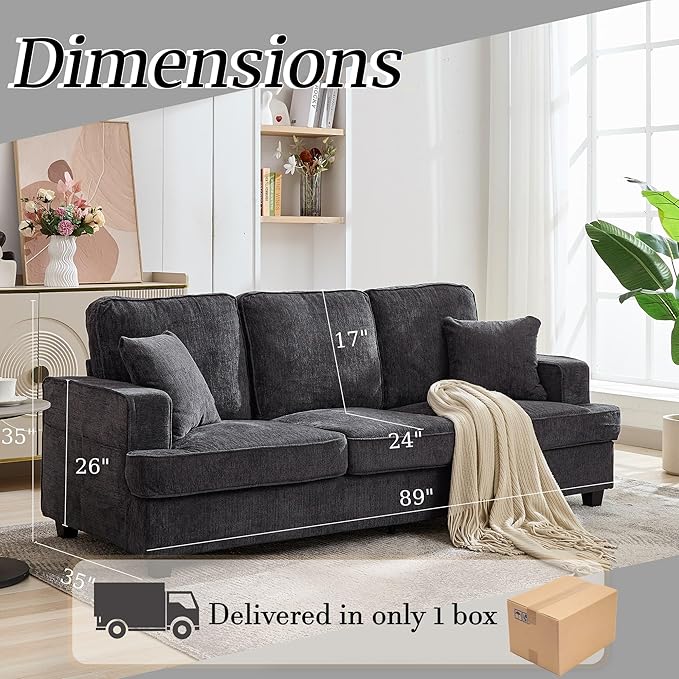 Couches for Living Room, 89 inch Cloud Couch Sofa in Chenile with Extra Comfy Soft Deep Seats, Modern 3 Seater Sofas for Living Room Bedroom Office Apartment, Grey