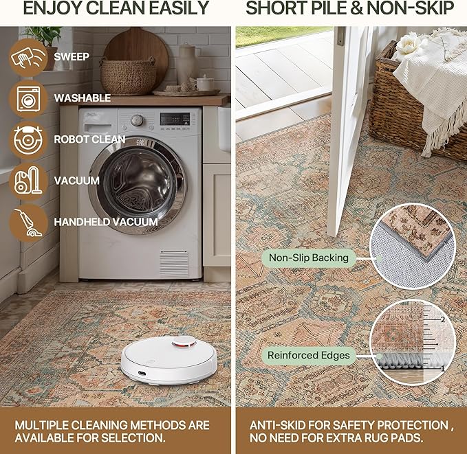 Bavni 2x3 Entryway Rug Bathroom Rugs for Front Door Bedroom Bathroom Kitchen, Washable Vintage Print Carpet, Ultra-Thin Chenille Lightweight Rug with Non Slip Backing, Clay