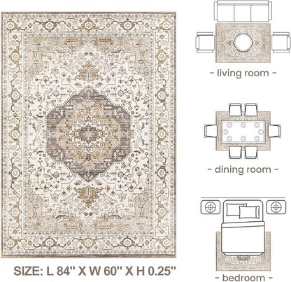 Area Rug for Living Room - 5x7 Soft Washable Oriental Vintage Floral Distressed Large Carpet - Fade Stain Resistant Non Slip Rugs for Bedroom Dining Room Nursery Dorm Office Home Decor-Camel/Beige
