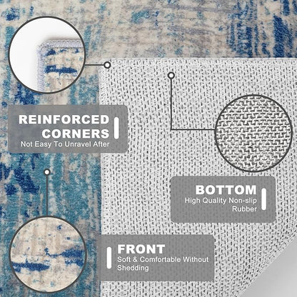 KILOCOCO Modern Abstract Runner Rug 2x6 ft Washable Hallway Runner Rug Non Slip Soft Pinted Kitchen Runners for Hallways Entryway Bedside Laundry Room Floor Runners, Blue/Grey/Beige