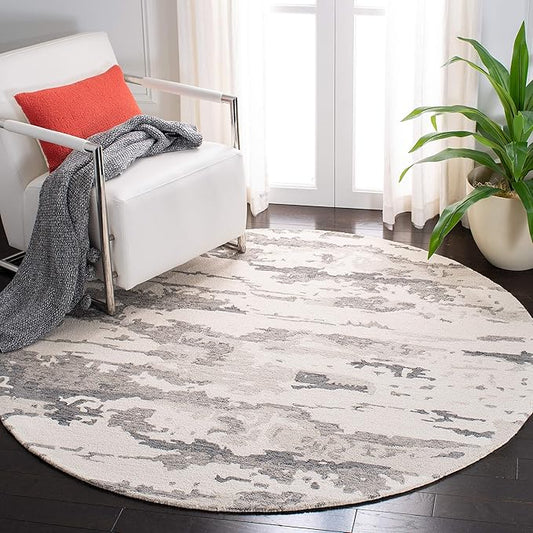 SAFAVIEH Abstract Collection Area Rug - 4' Round, Charcoal & Ivory, Handmade Abstract Wool, Ideal for High Traffic Areas in Living Room, Bedroom (ABT465H)