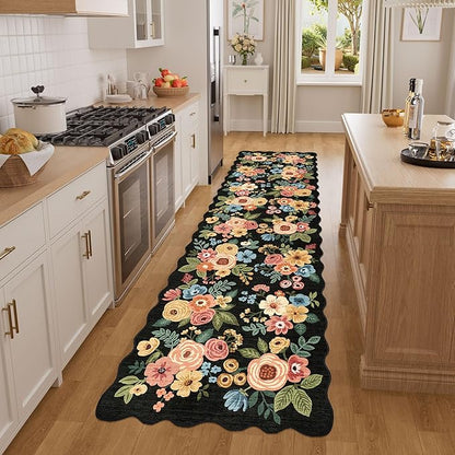 DUKINO Washable Runner Rug, 2x7 Lightweight Soft Floral Hallway Rug Runner with Low Pile Design, Non Shedding & Non Slip Backing Thin Indoor Carpet for Bedroom, Bathroom, Entrance, Kitchen, Black