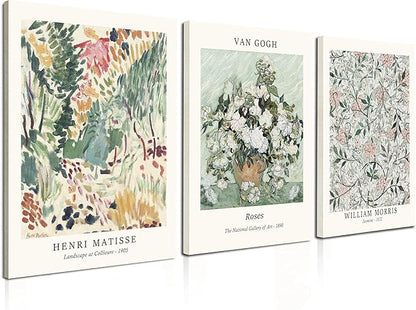 Induslyfe Framed Sage Green Vintage Wall Art Canvas Decor Set of 3, Matisse Prints Posters Mid Century Modern Art, Aesthetic Floral Botanical Wall Art for Bedroom, Living Room, Bathroom 12x16