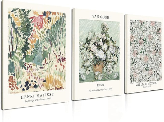 Induslyfe Framed Sage Green Vintage Wall Art Canvas Decor Set of 3, Matisse Prints Posters Mid Century Modern Art, Aesthetic Floral Botanical Wall Art for Bedroom, Living Room, Bathroom 12x16
