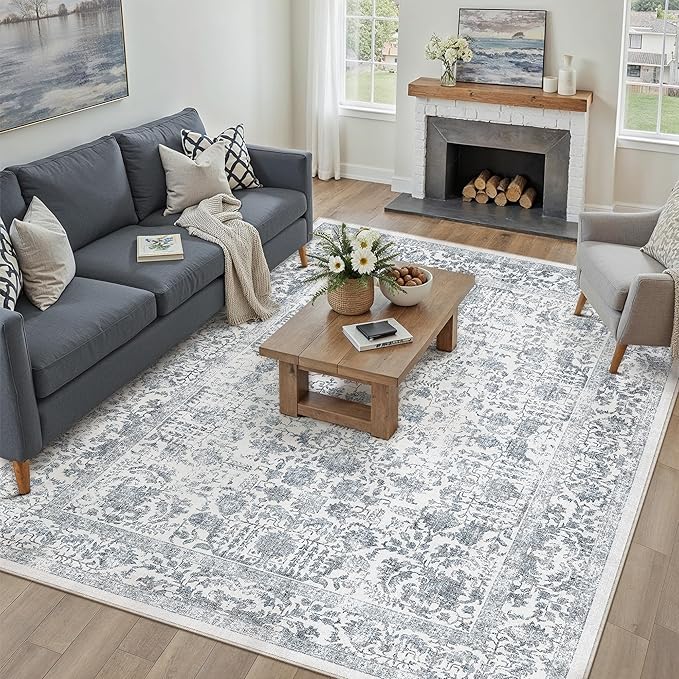PureCozy Navy Blue Area Rug 8x10 Machine Washable Large Vintage Living Room Distressed Non Slip Carpet Traditional Indoor Bedroom Retro Floral Accent Throw Rug for Office Kitchen Dining Room
