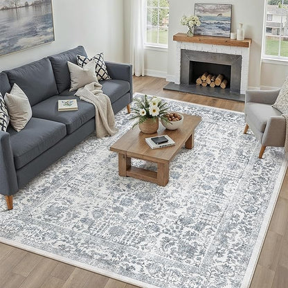 PureCozy Navy Blue Area Rug 8x10 Machine Washable Large Vintage Living Room Distressed Non Slip Carpet Traditional Indoor Bedroom Retro Floral Accent Throw Rug for Office Kitchen Dining Room