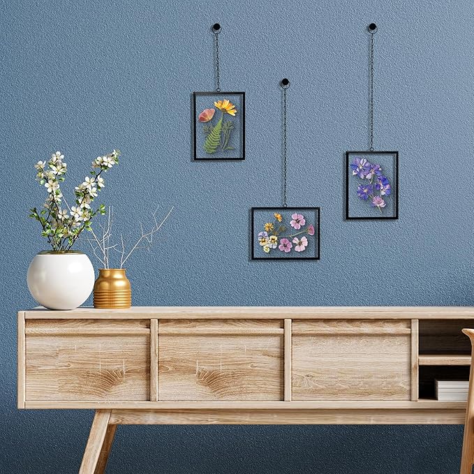 Americanflat Metal Floating Frame with Chain - Set of 3 - Use as 4x6 Picture Frame - Pressed Flower Display for Wall Decor - Elegant Black Molding with Shatter-Resistant Glass