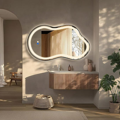 Dorlicecass Irregular Led Bathroom Mirror- Black 24"x36" Single Piece Vanity Mirror with Lights IP54 Enhanced Anti-Fog, 3 Colors Dimmable, Memory,Tempered Glass,UL Listed