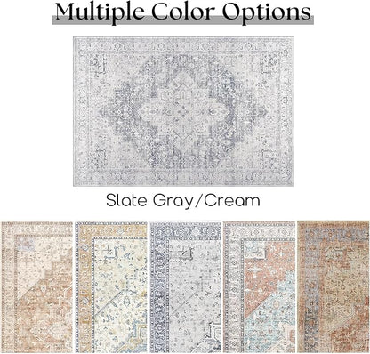Washable Indoor Front Door Mat, Non Slip Vintage Slate Grey Blueish Gray Cream Boho Farmhouse Area Rugs 3x5 Boho Doormat for Entryway Floor Bathroom, Light Grey/Gray