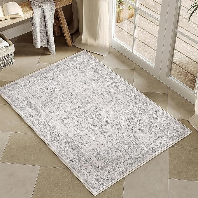 PureCozy Gray Entryway Area Rug 2x3 Door Mat Machine Washable Kitchen Vintage Distressed Non Slip Carpet Indoor Grey Retro Floral Accent Throw Small Rug for Bathroom Office Bedroom Dining Living Room