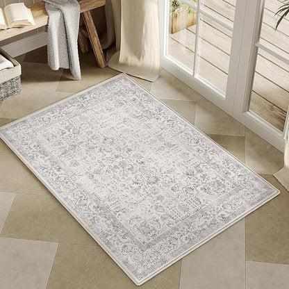 PureCozy Gray Entryway Area Rug 2x3 Door Mat Machine Washable Kitchen Vintage Distressed Non Slip Carpet Indoor Grey Retro Floral Accent Throw Small Rug for Bathroom Office Bedroom Dining Living Room