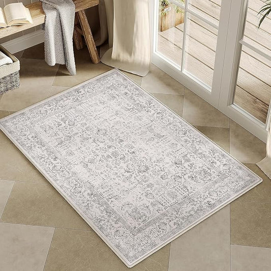PureCozy Gray Entryway Area Rug 2x3 Door Mat Machine Washable Kitchen Vintage Distressed Non Slip Carpet Indoor Grey Retro Floral Accent Throw Small Rug for Bathroom Office Bedroom Dining Living Room