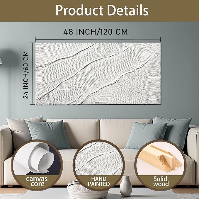 Tarfupth Large Abstract Canvas Wall Art for Living Room White Minimalist Textured Painting Hand-Painted Modern Neutral Artwork for Bedroom Office Decor 24"x48"