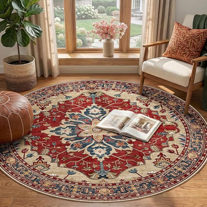 RELEANY Area Rugs Round 4ft Washable Non-Slip, Floral Vintage Distress Print Pattern Medallion Carpet for Living Room Bedroom Dining Room, Red Blue