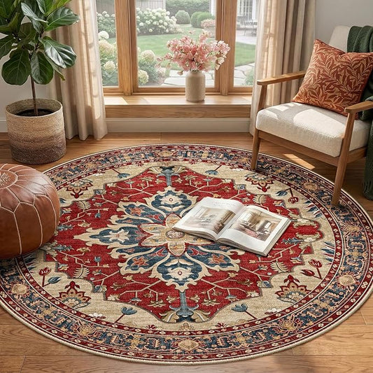 RELEANY Area Rugs Round 4ft Washable Non-Slip, Floral Vintage Distress Print Pattern Medallion Carpet for Living Room Bedroom Dining Room, Red Blue