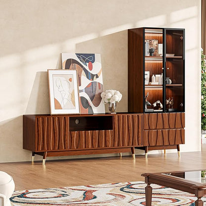 78'' Walnut Finish Entertainment Center for 32/43/55 inch TV, Included 55'' TV Stand and Glass Display Cabinet, 2-Piece Brown Mid Century Modern Wood Media Console for Living Room