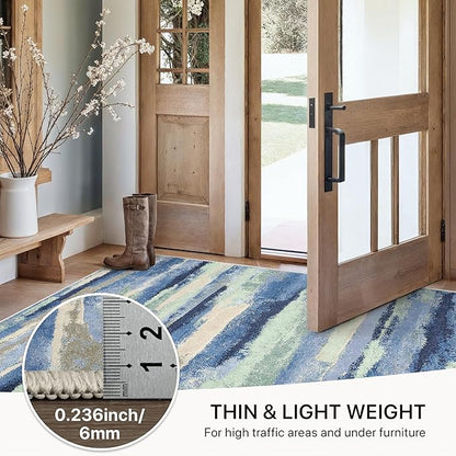 GENIMO 5X7 Washable Modern Area Rugs for Living Room, Non-Slip Low Pile Chenille Print Rug, Soft Rugs for Bedroom Dining Room Home Office, Sage & Tide