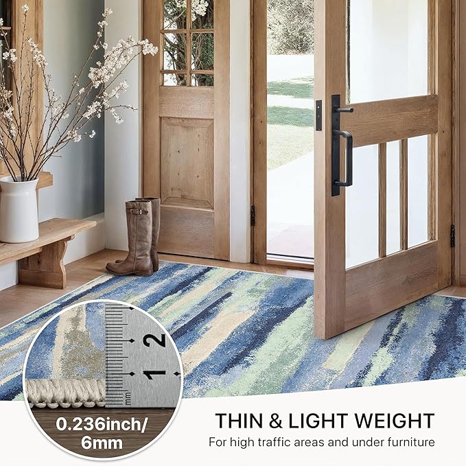 GENIMO 2X5 Washable Modern Runner Rug for Hallway, Non-Slip Low Pile Chenille Print Rug, Soft Rugs for Indoor Entryway Kitchen Corridor, Sage & Tide