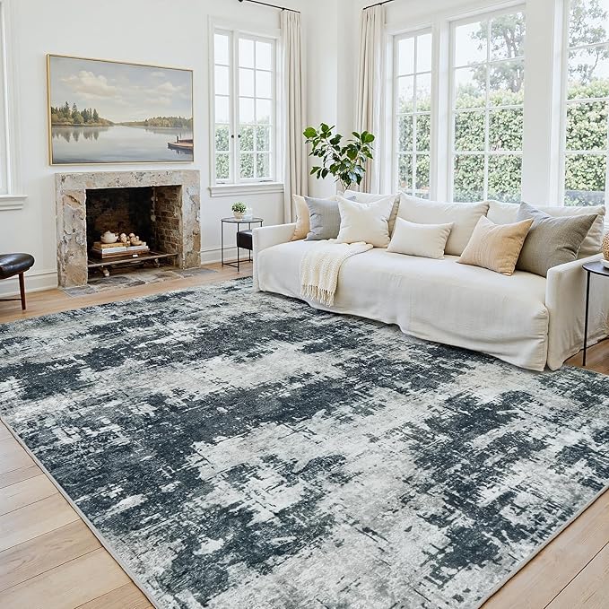 Area Rug 8x10 Living Room Rug Washable: No-Slip Abstract Soft Thin Large Black Rugs, Indoor Floor Stain Resistant Modern Carpet for Bedroom Dining Room Farmhouse Nursery Home Office (Black, 8'x10')
