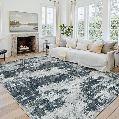 Area Rug 8x10 Living Room Rug Washable: No-Slip Abstract Soft Thin Large Black Rugs, Indoor Floor Stain Resistant Modern Carpet for Bedroom Dining Room Farmhouse Nursery Home Office (Black, 8'x10')