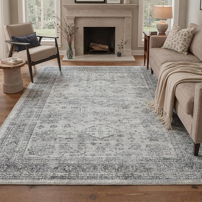 GENIMO 8x10 Area Rugs for Living Room, Machine Washable Non Slip Vintage Rugs, Low Pile Lightweight Chenille Print Rug for Bedroom, Dining Room, Home Office, Grey