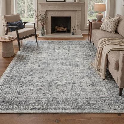 GENIMO 5FT Round Area Rugs for Living Room, Circle Rugs Machine Washable Low Pile, Chenille Non Slip Vintage Rug for Bedroom, Dining Room, Home Office, Grey