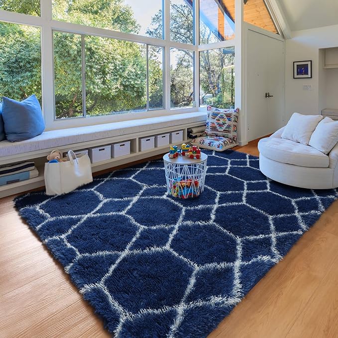 ONASAR 5x7 Area Rugs for Living Room Bedroom, Fluffy Navy Blue and White Throw Rug, Geometric Boho Soft Plush Shaggy Floor Carpet for Nursery Kids Girls Boys Teen Dorm Home Decor Aesthetic