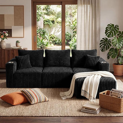 104'' L-Shaped Cloud Modular Sectional Sofa, Modern Corduroy Memory Foam Couch with Cup Holders, Upholstered Boneless Deep Seat Fluffy 3-Seater Sofa with Ottoman, No Assembly Needed, Black