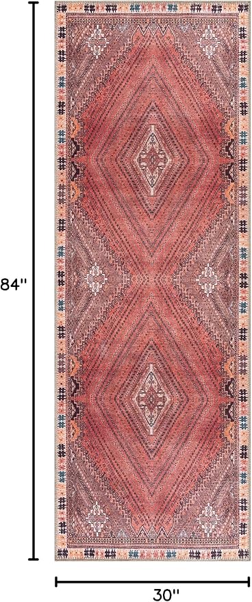 Bloom Rugs Washable Non-Slip 7 ft Runner - Red/Multicolor Traditional Bordered Runner for Entryway, Hallway, Bathroom, and Kitchen - Exact Size: 2.5' x 7'