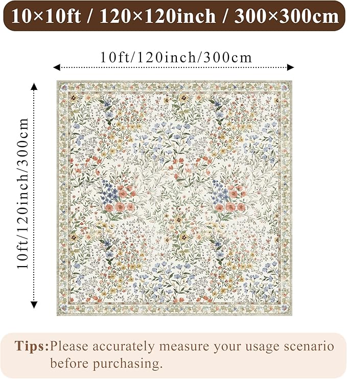 10x10 Square Area Rug Living Room: Boho Floral Washable Mat for Dining Room Bedroom Office High Traffic Area Soft Non Slip Low Pile Indoor Carpet for Vintage Farmhouse Home Decor (10ft Square, Beige)