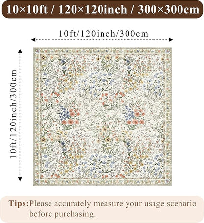 10x10 Square Area Rug Living Room: Boho Floral Washable Mat for Dining Room Bedroom Office High Traffic Area Soft Non Slip Low Pile Indoor Carpet for Vintage Farmhouse Home Decor (10ft Square, Beige)