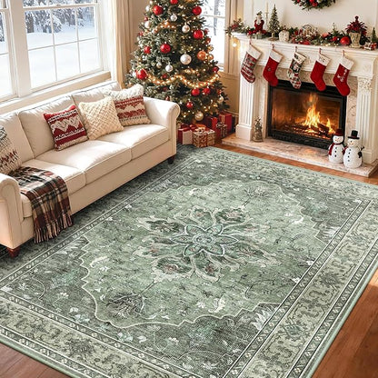 RELEANY Area Rugs 7'x9' Washable Non-Slip, Floral Vintage Distress Print Pattern Medallion Carpet for Living Room Bedroom Dining Room, Dark Green Gray