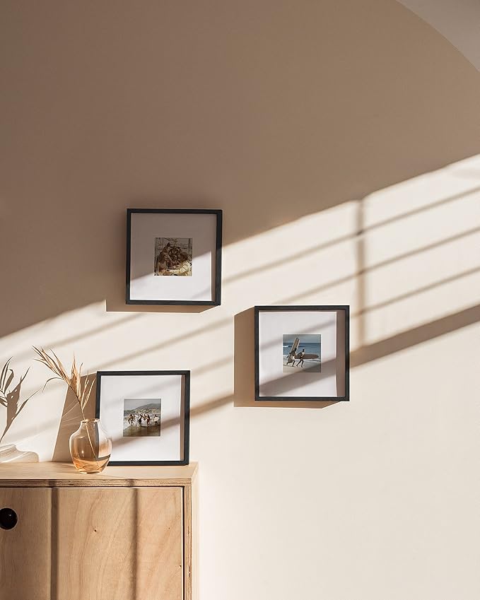 HAUS AND HUES Solid Oak Wood 8”x8” Picture Frames Matted to 4”x4” Set of 3 - Black Square Frames, 8x8 Black Photo Frames, Square Picture Frames, 8 x 8 Black Picture Frame Set (Black Frame)