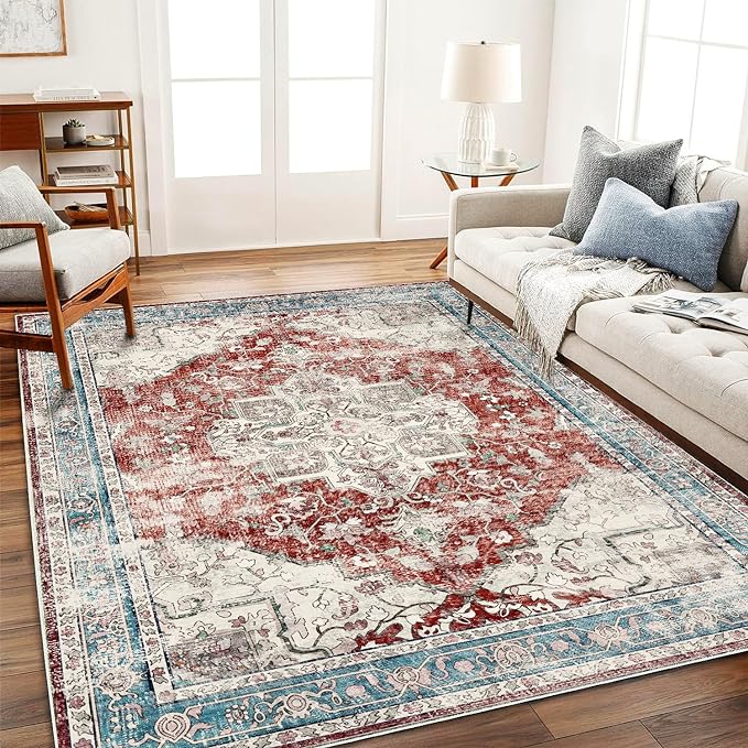 CHAMPLANT Washable Area Rug 8'x10' Red Blue Retro Boho Design Non-Shedding Non-Slip Easy Care Ideal for High Traffic Areas in Living Room Bedroom Office Coffee Table Kitchen Large Carpet