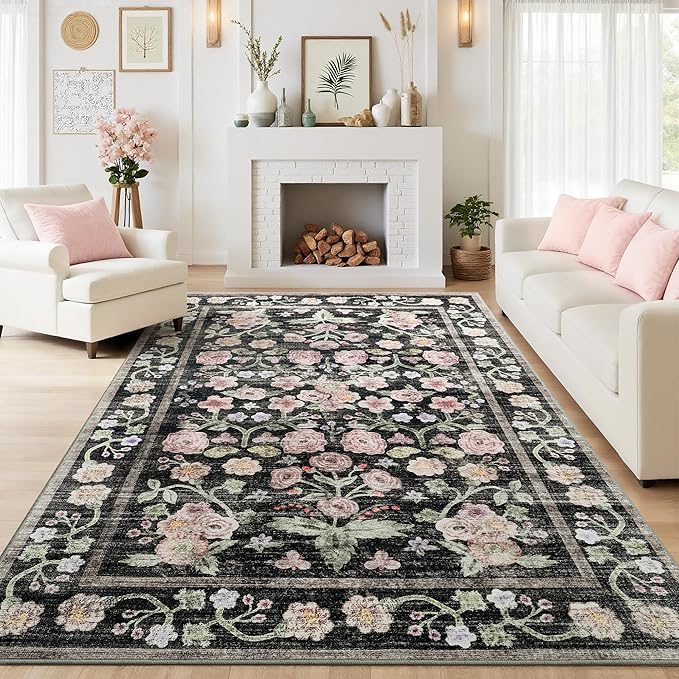 Maxsoft Large Area Rugs for Living Room Bedroom, 5x7 Washable Floral Area Rugs, Non-Slip and Stain Resistant Soft Throw Indoor Carpet for Dining Room Office Kitchen Dorm Home Decor, Black