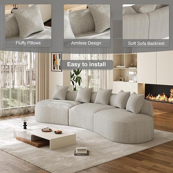 134" Oversized Sectional Sofa for Living Room, Modern Luxury Plush Chenille 4-Seater Extra Deep & Wide Seat Curved Cloud Couch with 5 Throw Pillows, No Assembly Needed, Light Grey
