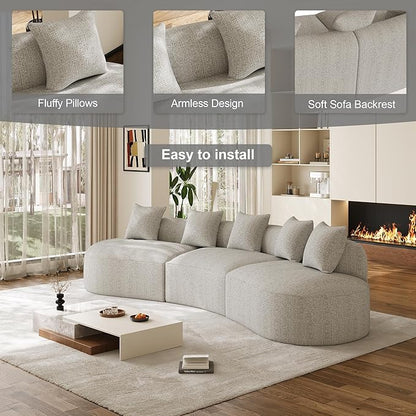 134" Oversized Sectional Sofa for Living Room, Modern Luxury Plush Chenille 4-Seater Extra Deep & Wide Seat Curved Cloud Couch with 5 Throw Pillows, No Assembly Needed, Light Grey