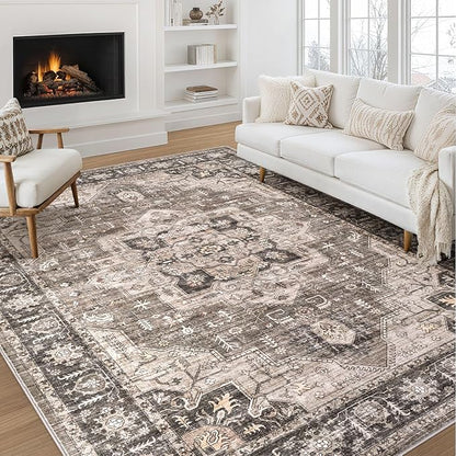 Area Rug 9x12 Washable Vintage - Soft Traditional Rugs for Living Room Large Non Slip Backing with Low Pile Farmhouse Oriental Retro Carpet for Bedroom Dining Room or Home Office - Dark Brown