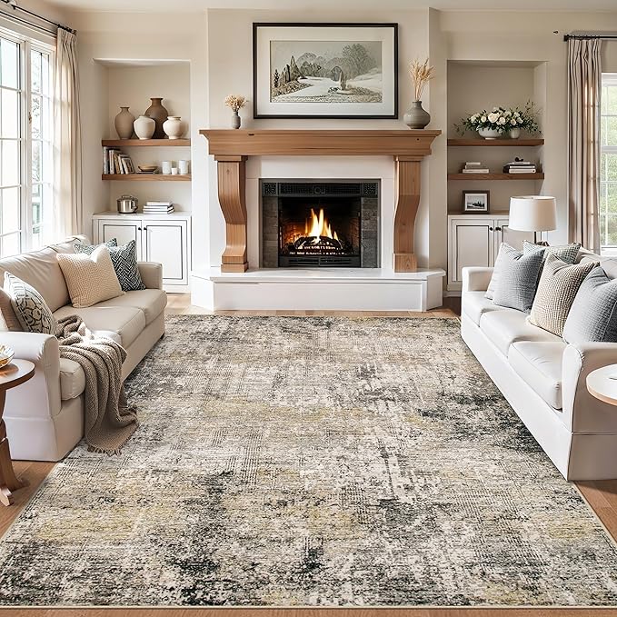 8x10 Area Rugs for Living Room - Washable Rug Modern Abstract Soft Large Neutral Non-Slip Carpet Indoor Floor Thin Carpets for Bedroom Dining Room Farmhouse Nursery Home Office Brown Black Grey
