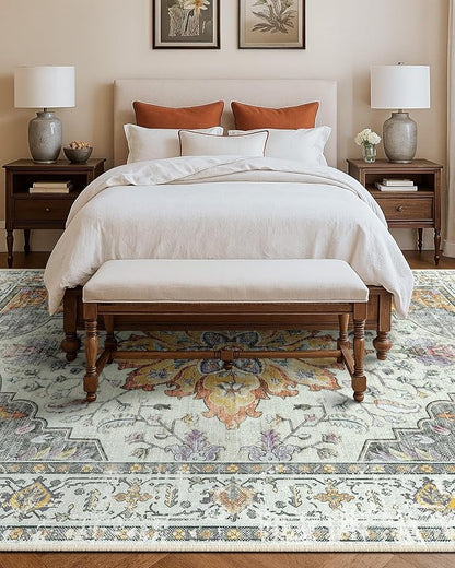 RELEANY Area Rugs 9'x12' Washable Non-Slip, Floral Vintage Distress Print Pattern Medallion Carpet for Living Room Bedroom Dining Room, Light Yellow Carbon Grey Orange