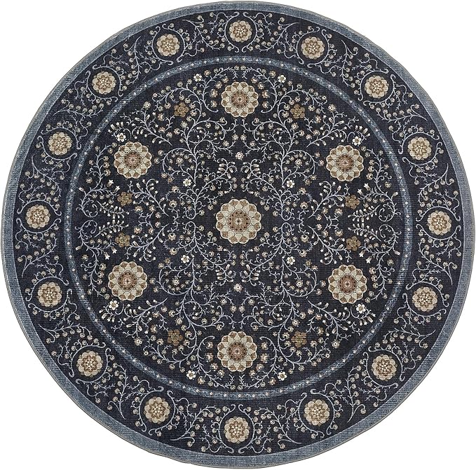 GarveeHome Boho Round Rugs 6ft for Living Room Non Slip, Vintage Botanical Circle Rug Washable Area Rug for Dining Room Stain Resistant, Low Pile Soft Blue Circular Carpet for Nursery Kitchen