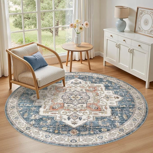 6x6 Round Area Rugs Washable Vintage - Soft Traditional Rugs for Living Room Large Non Slip Backing with Low Pile Farmhouse Oriental Retro Carpet for Bedroom Dining Room or Home Office - Blue