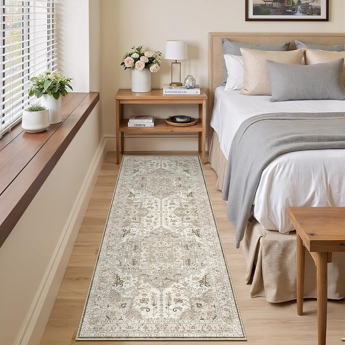 2.6x8 Washable Hallway Runner Rug - Kitchen Rugs with Non Slip Backing Vintage Soft Farmhouse Entryway Mat for Living Room Laundry Bedroom Bathroom Brown/Ivory